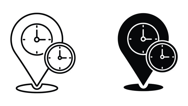Location pin with two overlapping clocks indicating time zone or meeting point vector illustration