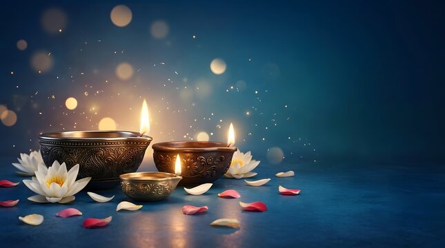 Glowing oil lamps and white lotus flowers with bokeh lights on a blue background for Indian festival celebration