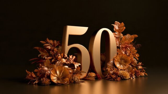 A golden number 50 is surrounded by a floral arrangement in a dark setting, intended for celebrating a golden anniversary gala.