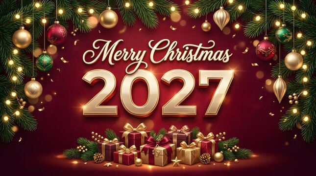 Festive merry christmas 2027 greeting with gifts and holiday lights