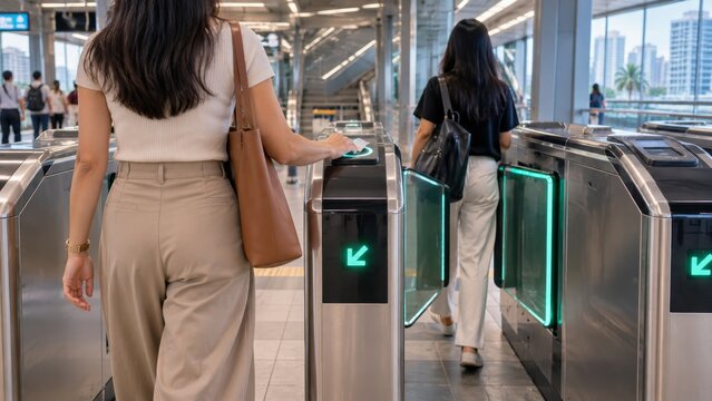 Woman taps contactless fare reader at transit gate, stepping into station with urban commute routine. Focused commuter carries shoulder bag and passes sleek turnstile under glass and city light.