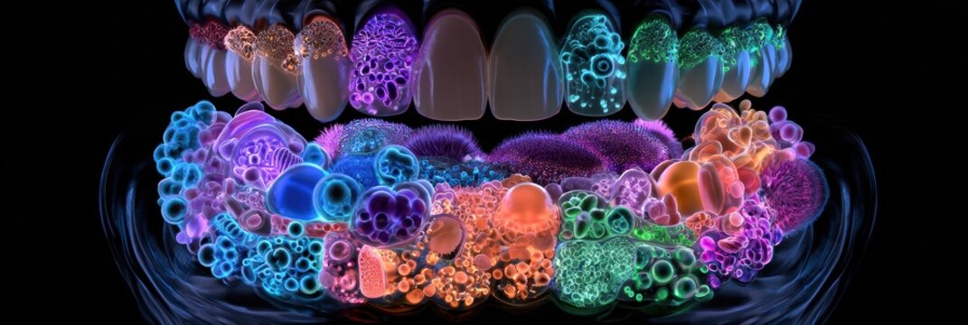 A cross-section view of the oral cavity displays diverse microbial communities in teeth, gums, and tongue.