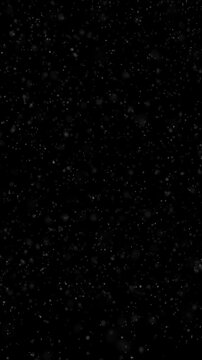 Realistic falling snowflakes loop motion on black vertical background. Concept winter season snowfall animation.