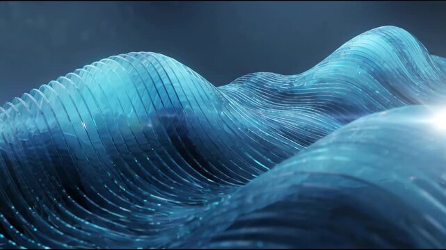 Blue layered abstract wave pattern with flowing layered lines, glowing data points and modern curve