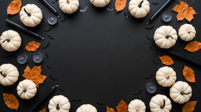 White pumpkins arranged in a circular frame with dried autumn leaves black candles and small bat silhouettes on a dark surface for festive seasonal decoration.