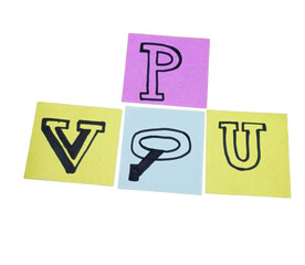 Colorful paper squares with hand drawn letters p, v, and u on white background isolated on a transparent background © AR_STUDIO