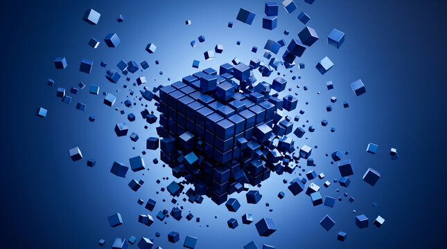 Abstract 3d background with a large cube made of smaller blue cubes exploding or breaking apart into many pieces on a dark blue gradient