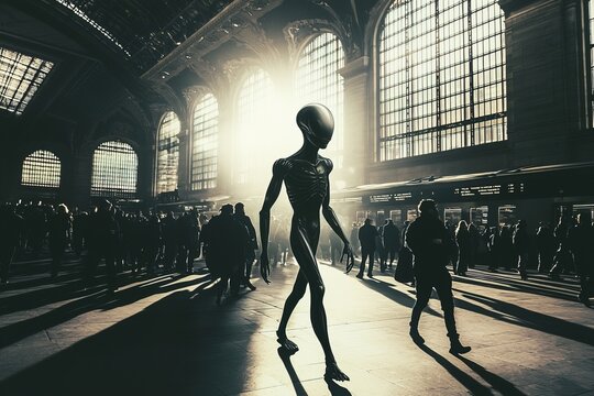 Extraterrestrial alien walking through a crowded historic train station hall. Perfect for scifi movie promo poster, book cover design or futuristic entertainment app banner