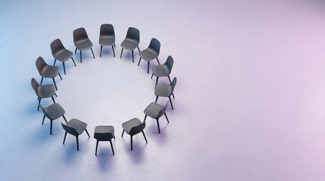 A circle of empty modern chairs arranged in a ring on a gradient floor
