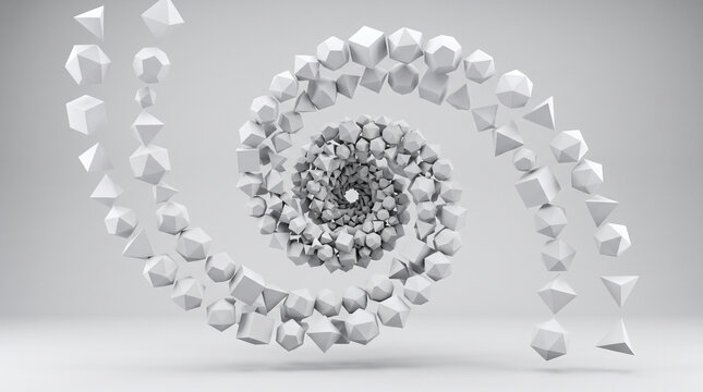 Abstract spiral composition of various white geometric 3d shapes floating in space, isolated on white background