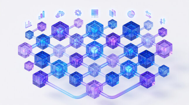 Abstract digital network of interconnected glowing blue and purple cubes representing blockchain technology and data connectivity isolated on white background