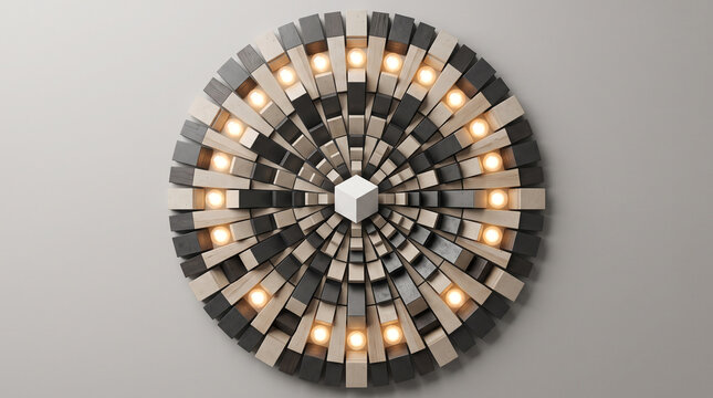 Abstract circular wall art installation featuring alternating light and dark wooden blocks with integrated warm glowing led lights