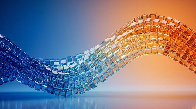 Abstract wave of translucent glass cubes transitioning from blue to orange, representing data flow, digital connectivity, and technology