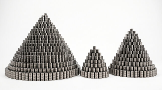 Three pyramids of stacked metal cans of different sizes isolated on white background