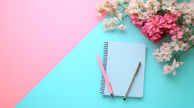 Spring blossom flatlay with notebook and pen on pastel pink and blue background