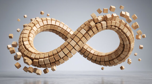 Infinity symbol made of wooden cubes floating in the air, conceptual 3d render of continuous loop and endless possibilities