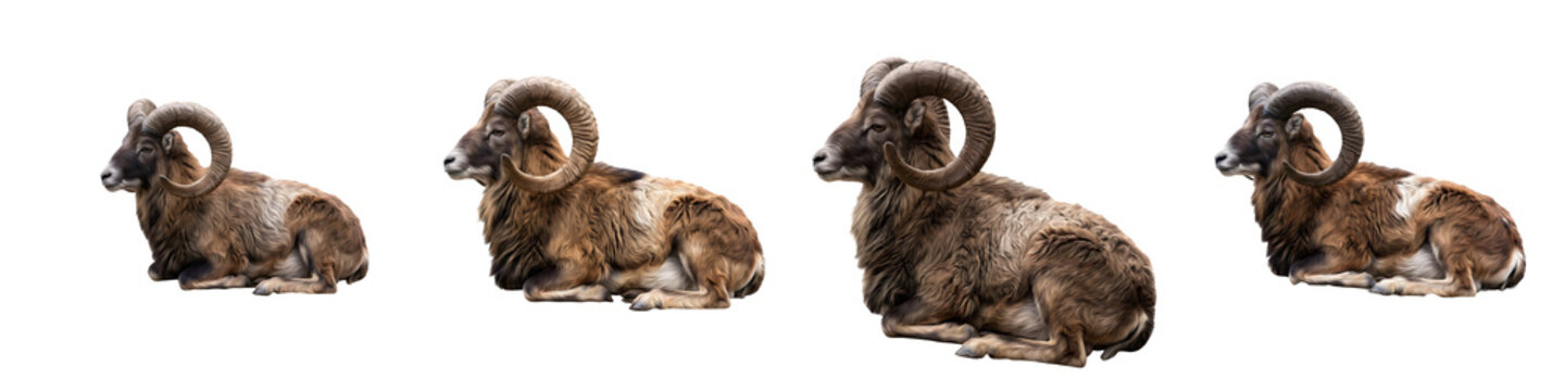 Mouflon Wild Ram Sheep Resting Set Isolated on White Background for Wildlife and Nature Graphic Design   