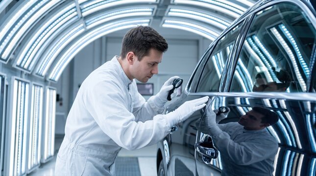 Male quality control technician wearing protective suit and gloves using magnifying glass, carefully inspecting new car body paint surface in a workshop with bright LED lighting