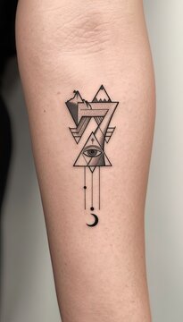 Geometric forearm tattoo with eye moon triangles