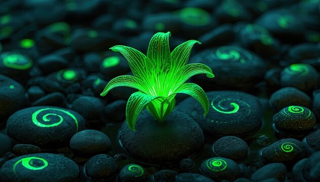 Glowing green plant growing from dark stone with spirals
