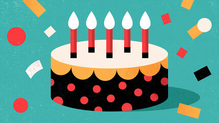 Fototapeta premium Geometric-style vector illustration of a birthday cake with candles surrounded by confetti shapes, retro celebration design, with copy space