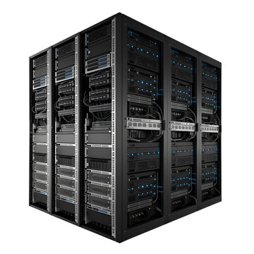 3D data center server racks cube layout with blue LED indicator lights isolated on white background