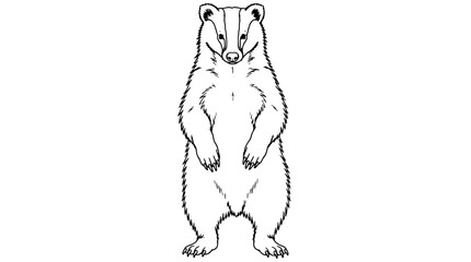 Standing European Badger With Distinctive Striped Head Hand-Drawn Vector Illustration, Black and White Line Art Wildlife Animal Icon for Coloring Book Design - detailed commercial stock imagery with © Mdsazolislam