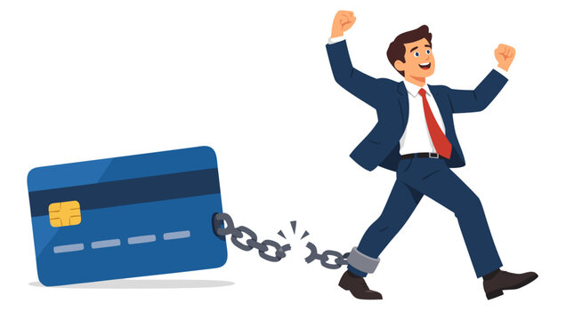 Cheerful businessman in suit breaking free from credit card debt shackles, shattered chain symbolizing financial freedom, debt liberation and economic independence in bold flat vector style
