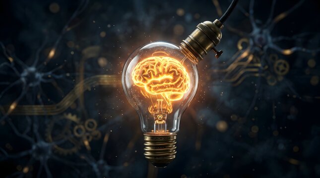 Light bulb with glowing brain illustration dark futuristic background 3D render