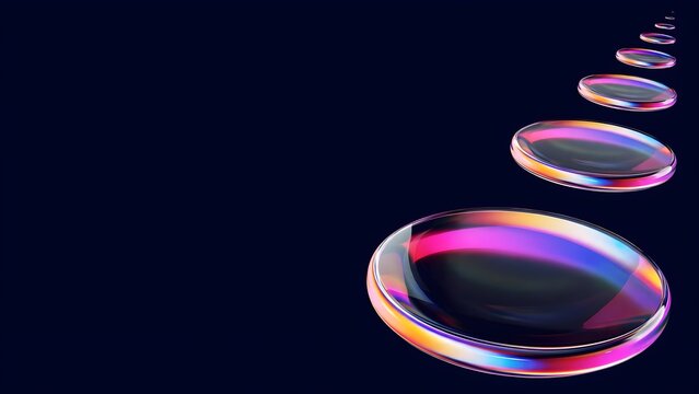 Abstract 3D render of iridescent glass discs in perspective