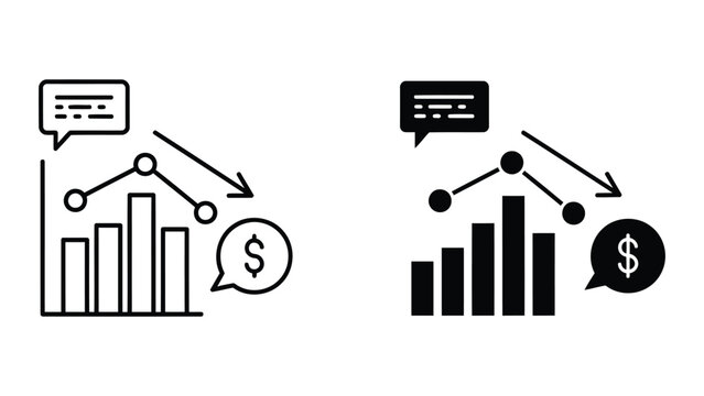 Financial loss decreasing bar chart with money icon vector set isolated on white