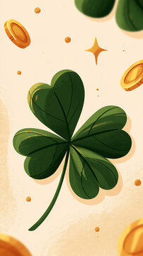Whimsical shamrock-themed illustration featuring gold coin accents, warm-toned flat illustration style for spring holiday celebrations, with copy space
