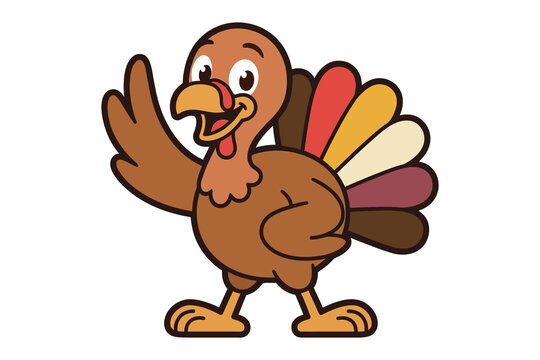 Friendly cartoon turkey waving with a happy expression isolated on white