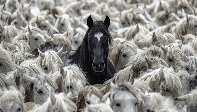 Dark horse emerging from pale horse herd