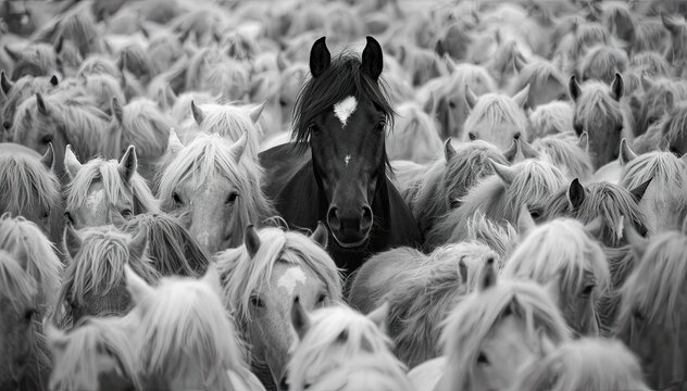 Black horse standing among white horse herd