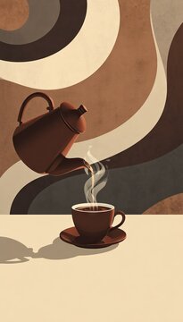 Coffee pot pouring hot beverage into cup with steam rising
