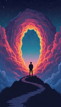Silhouette standing on rock facing vertical fiery cloud opening
