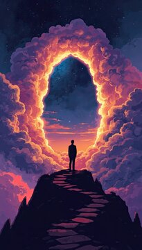 Lone figure standing on hill beneath fiery archway portal