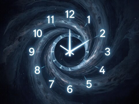 Glowing clock face inside dark swirling vortex tunnel