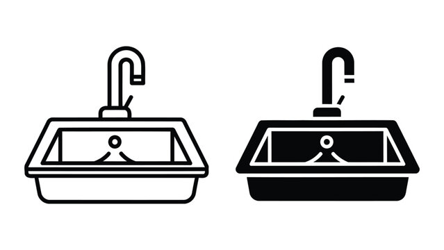 Kitchen sink with faucet vector icon set for home improvement and interior design