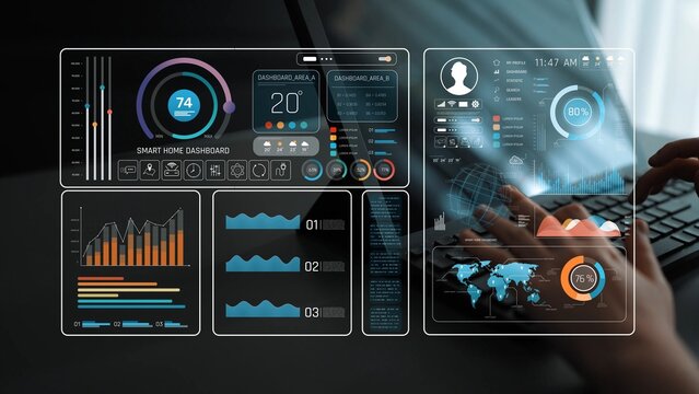 Smart home dashboard manages IoT system. Smart home dashboard controls temperature, dashboard tracks energy, smart home handles devices, and smart home dashboard monitors data. Marrow