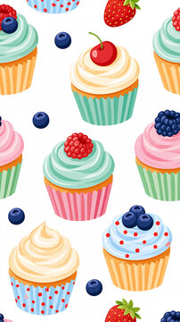 Seamless cupcake pattern featuring pastel frosting, berries and colorful wrappers on a white background, cheerful bakery illustration, with copy space