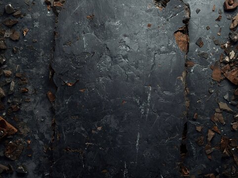 Cracked dark stone wall with scattered dry leaves