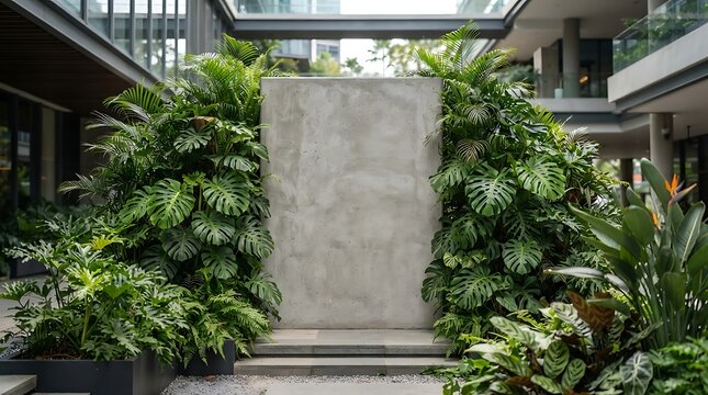 Empty concrete wall display surrounded by lush tropical monstera plants in a modern courtyard with copy space
