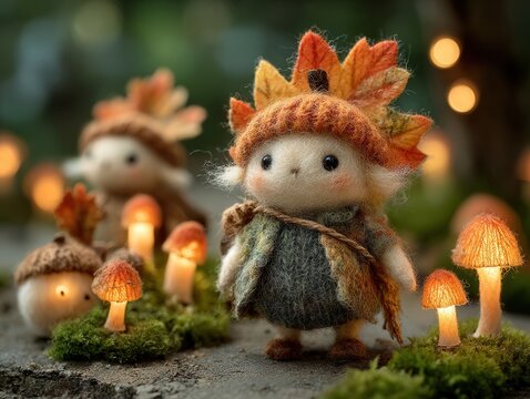 Autumn magic and woodland fantasy felted acorn character with fall leaves in a whimsical forest setting with glowing mushrooms and soft bokeh lighting