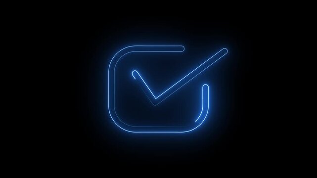 Glowing Bl ue Neon Check Mark Icon in Rounded Square Box Loading Animation on Black Background for Success Approved Completed Task Verification Progress Accept Status Interface UI Motion Graphic.