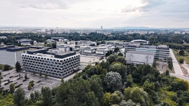 High angle drone shot of modern cloud computing and AI data center complex