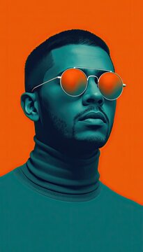 Teal portrait of man in orange sunglasses
