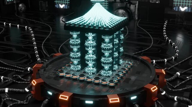 A futuristic quantum computing core displayed inside a transparent glass chamber, surrounded by glowing cables and a high-tech circuit board environment. The illuminated central processor, metallic