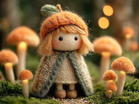 Whimsical childhood and imagination handmade felt doll in autumn forest with glowing mushrooms cozy fall atmosphere and magical woodland fairy tale theme